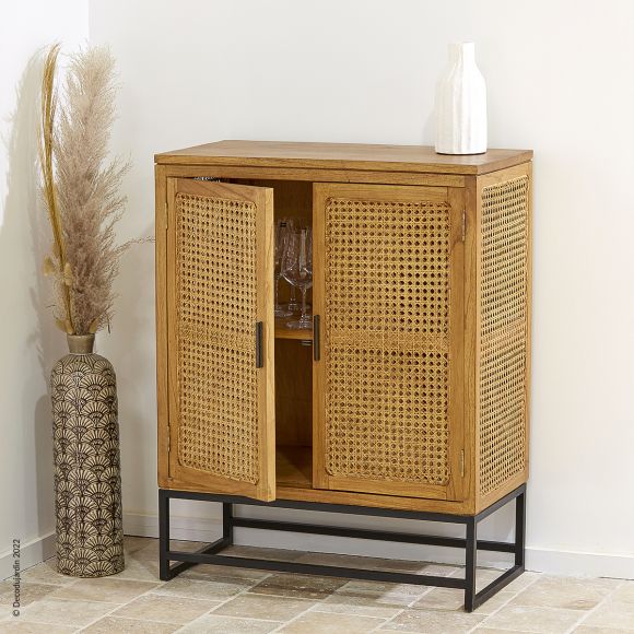 Buffet haut, bahut 2 portes en bois Mindi et rotin.