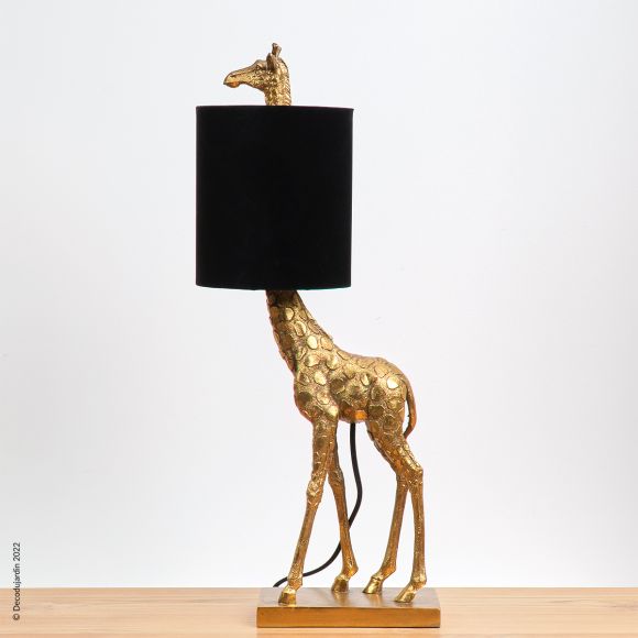 Lampe Girafe bronze Antique doré et abat-jour en velours noir.