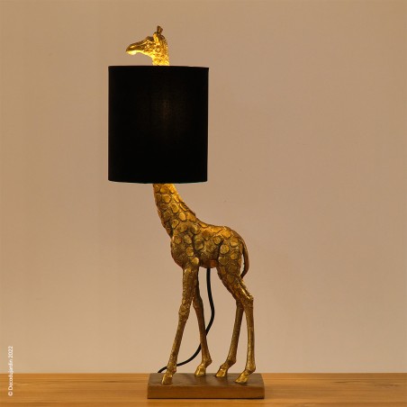 Lampe Girafe bronze Antique doré et abat-jour en velours noir.