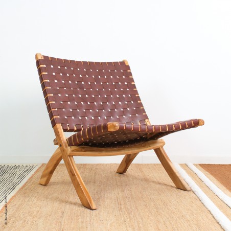 Fauteuil Pliant Cuir véritable tressé et Teck Selayar Lodge.