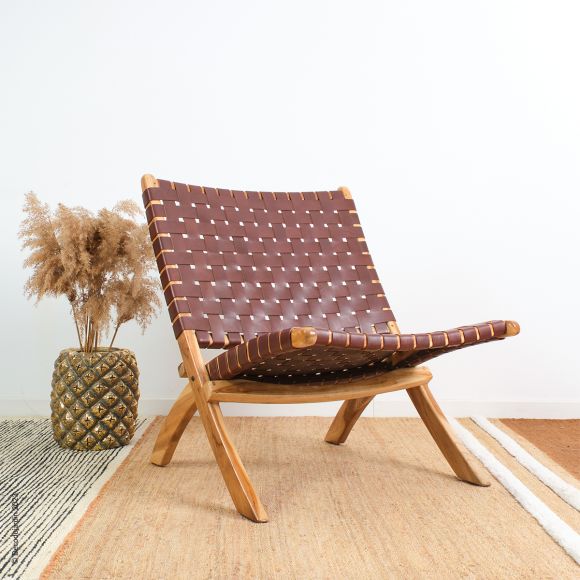 Fauteuil Pliant Cuir véritable tressé et Teck Selayar Lodge.