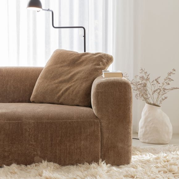 Canapé d'angle 5 places Annie Sits, tissus chenille beige et design contemporain.